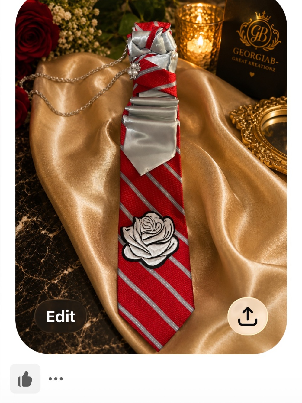 Red Striped Rose Embroidered Men's Tie - Silver Accent
